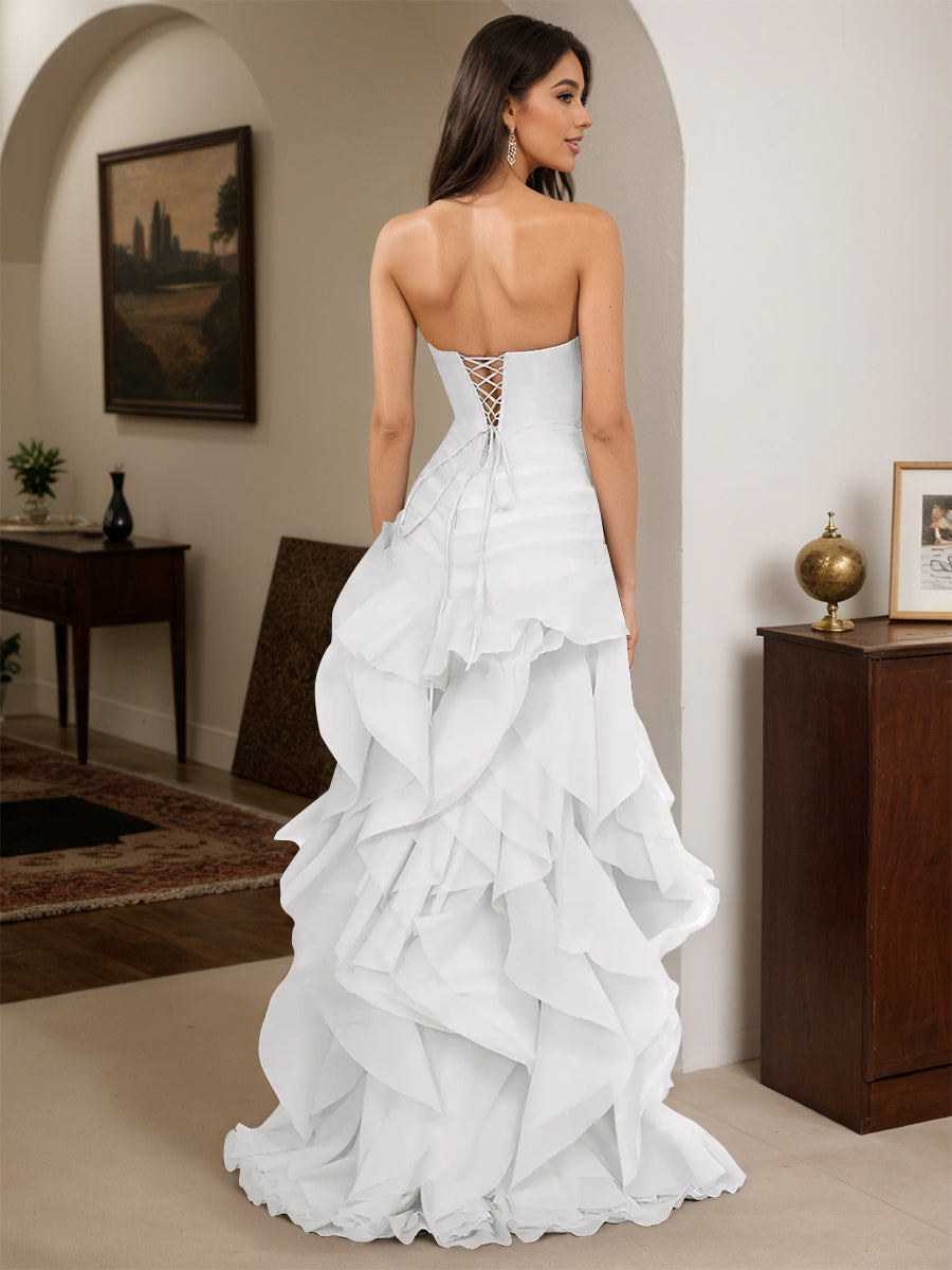 Cicinia Robe de Soirée Blanc Longue Fourreau en Tulle à Volants sans Bretelles avec Fleurs 3D