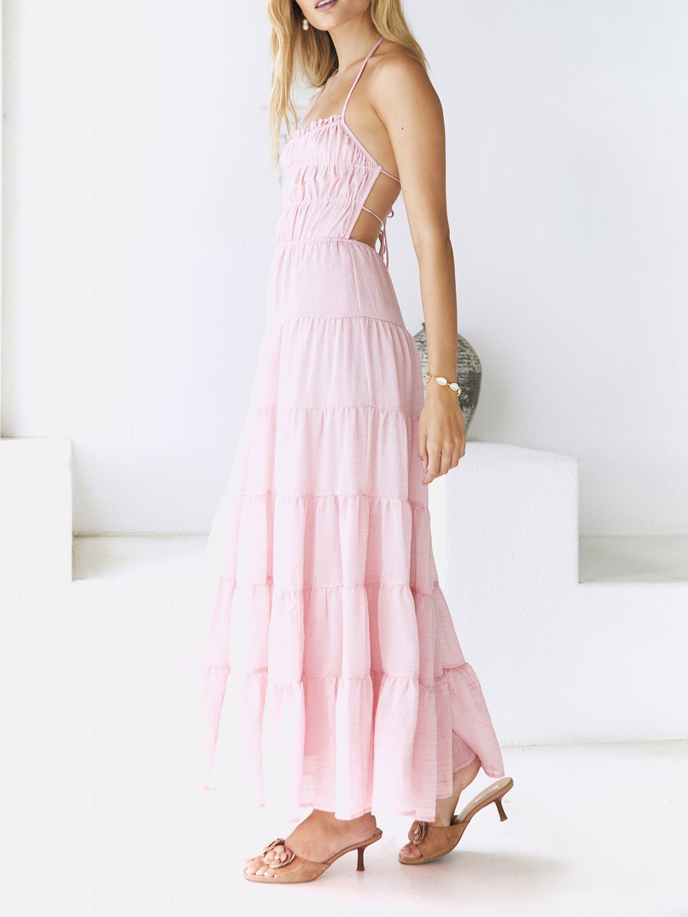 Robe Invitée Mariage ROSE_PALE Licou Dos Nud Coupe Cintrée Longueur Cheville