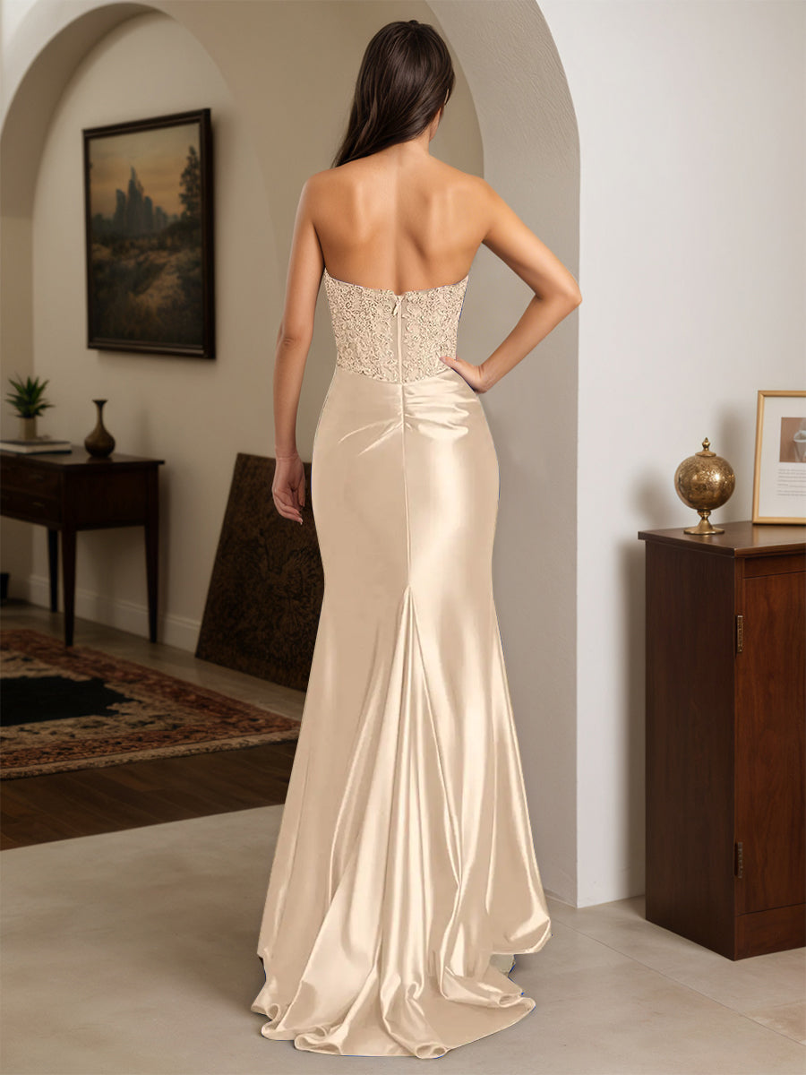 Cicinia Robe de Soirée CHAMPAGNE Longue en Satin Extensible Fourreau sans Bretelles Appliqués Dentelle