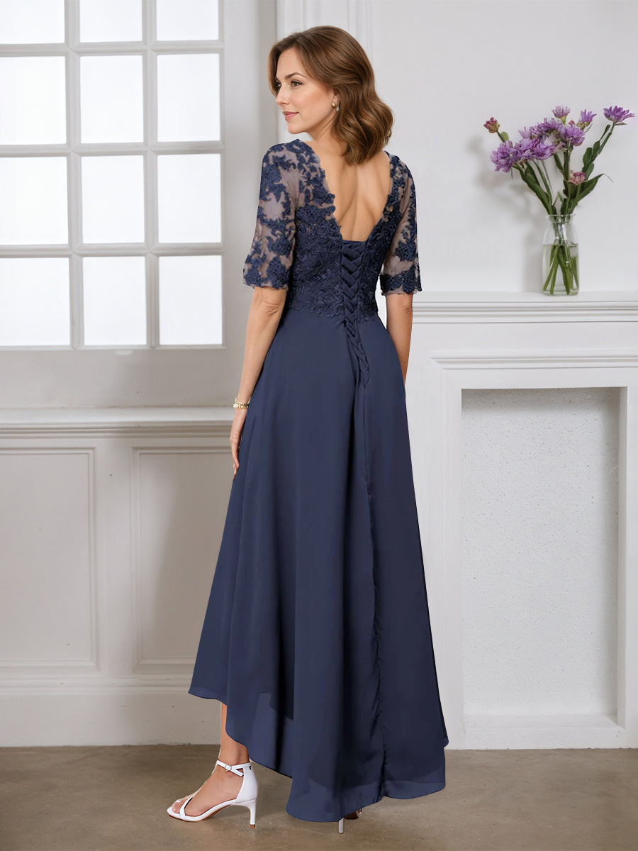 Cicinia Robe pour Mère de la Mariée BLEU MARINE Longue A-Line en Mousseline Dentelle Manches Demi-longues Décolleté en V Ourlet Asymétrique