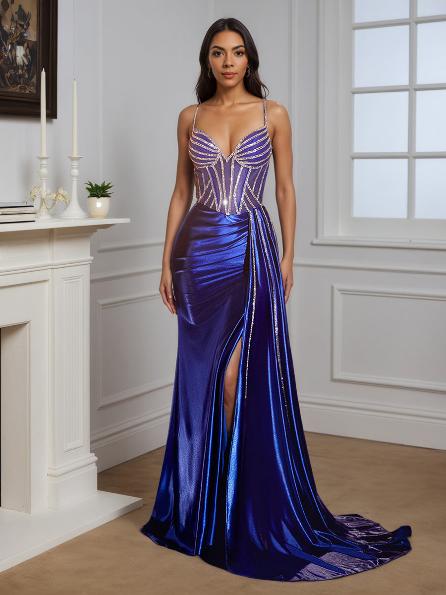 Cicinia BLEU ROYALE Robe de Soirée Longue Fourreau à Bretelles Spaghetti Perlé Dos Nud Fente