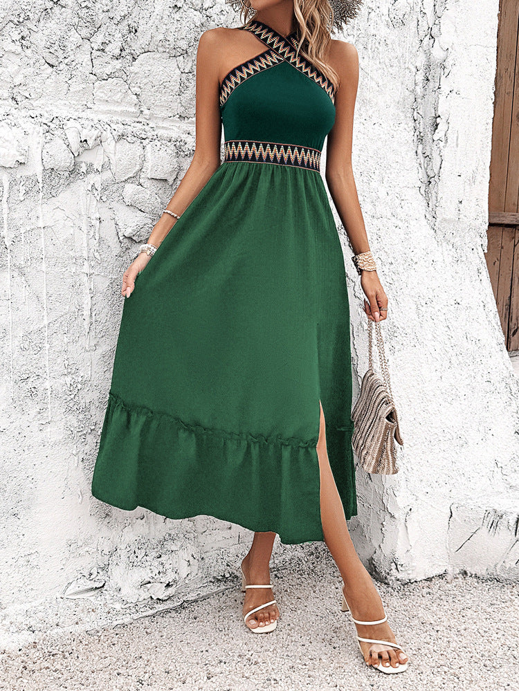 Robe Bohème Invitée Mariage VERT_FONCE Dos Nudé avec Fente Latérale