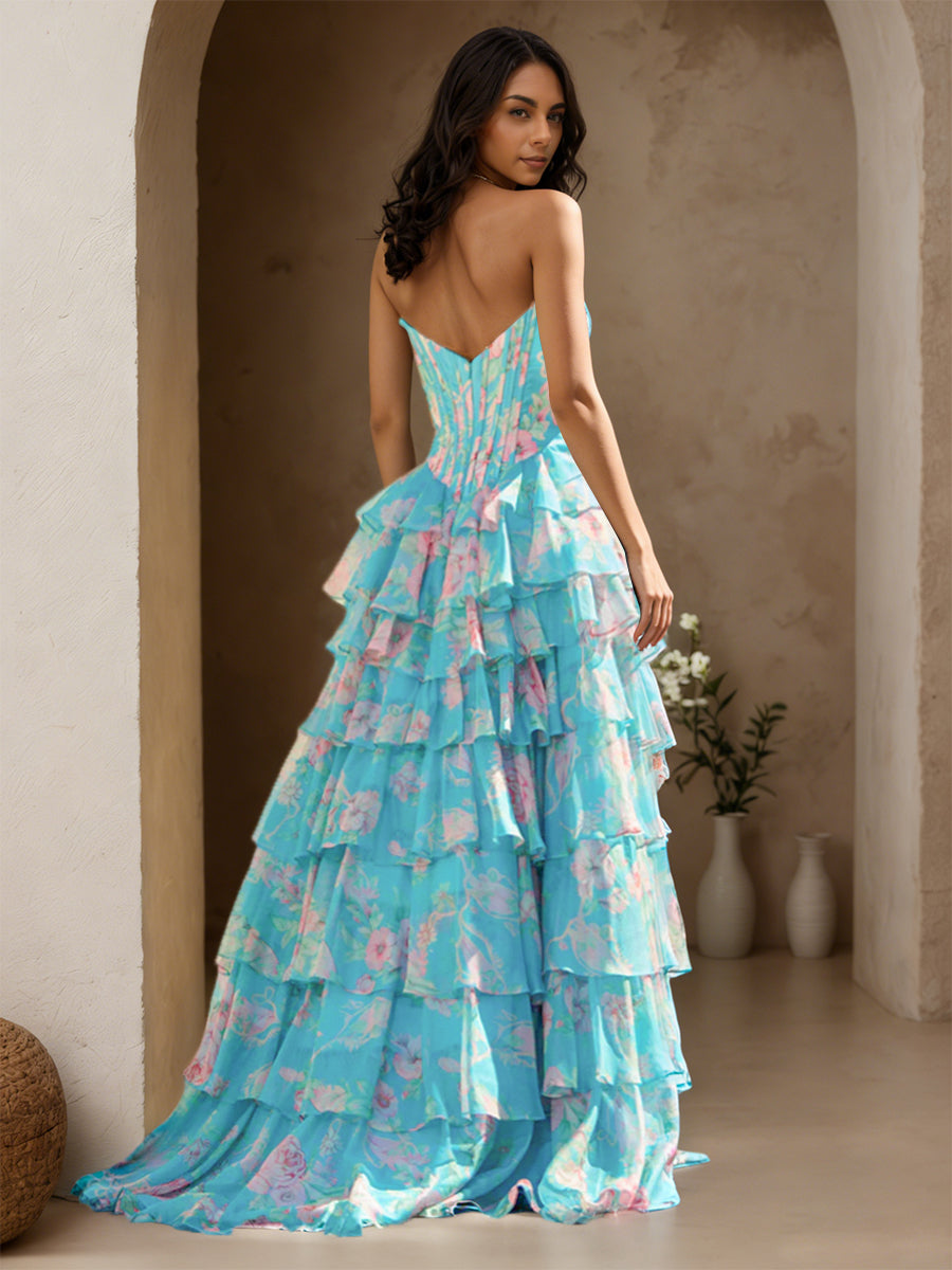 Cicinia PISCINE Robe de Soirée Longue en Tissu Imprimé A-Line sans Manches Fente à Volants