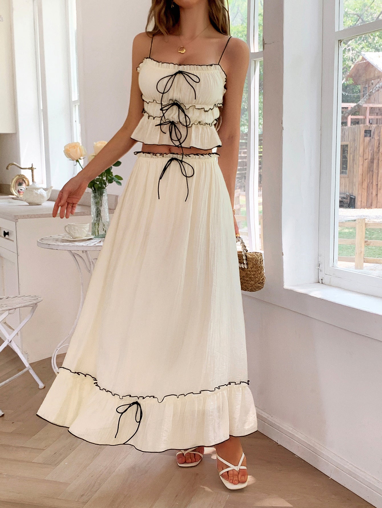 Ensemble 2 Pièces Mariage Apricot Bustier Volanté et Robe à Bretelles Fines
