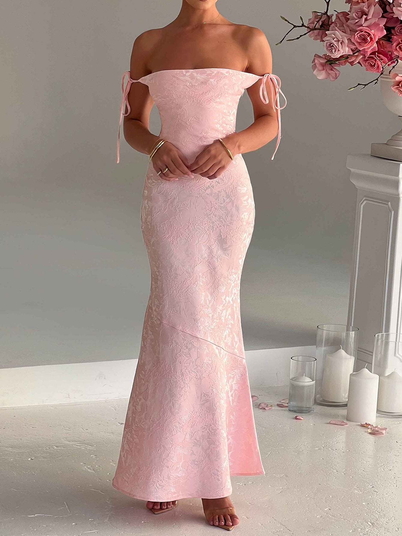 Robe Invitée Mariage ROSE_PALE Encolure Carrée Bretelles Fines Imprimée Coupe Fourreau