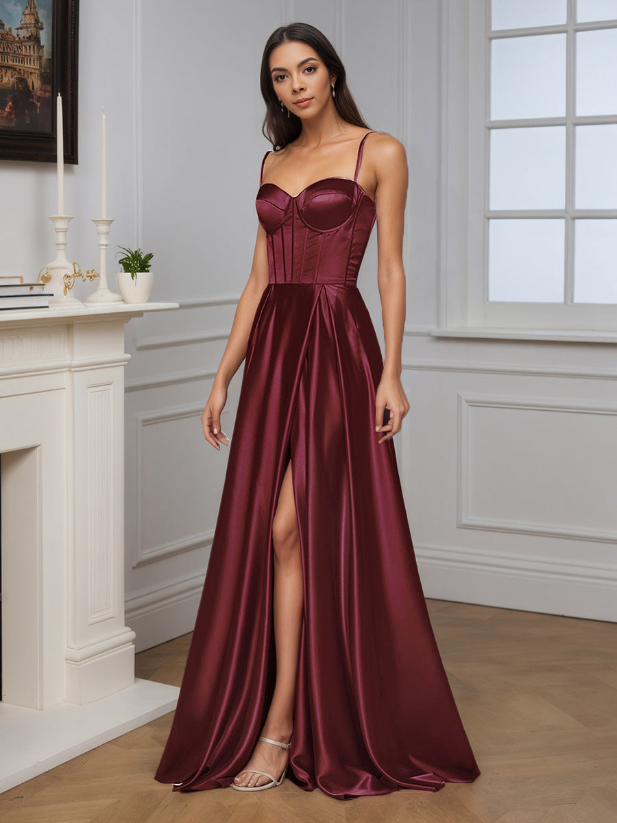 Cicinia Robe de Soirée CABERNET Longue en Satin Doux A-Line Fente Traîne Balayée