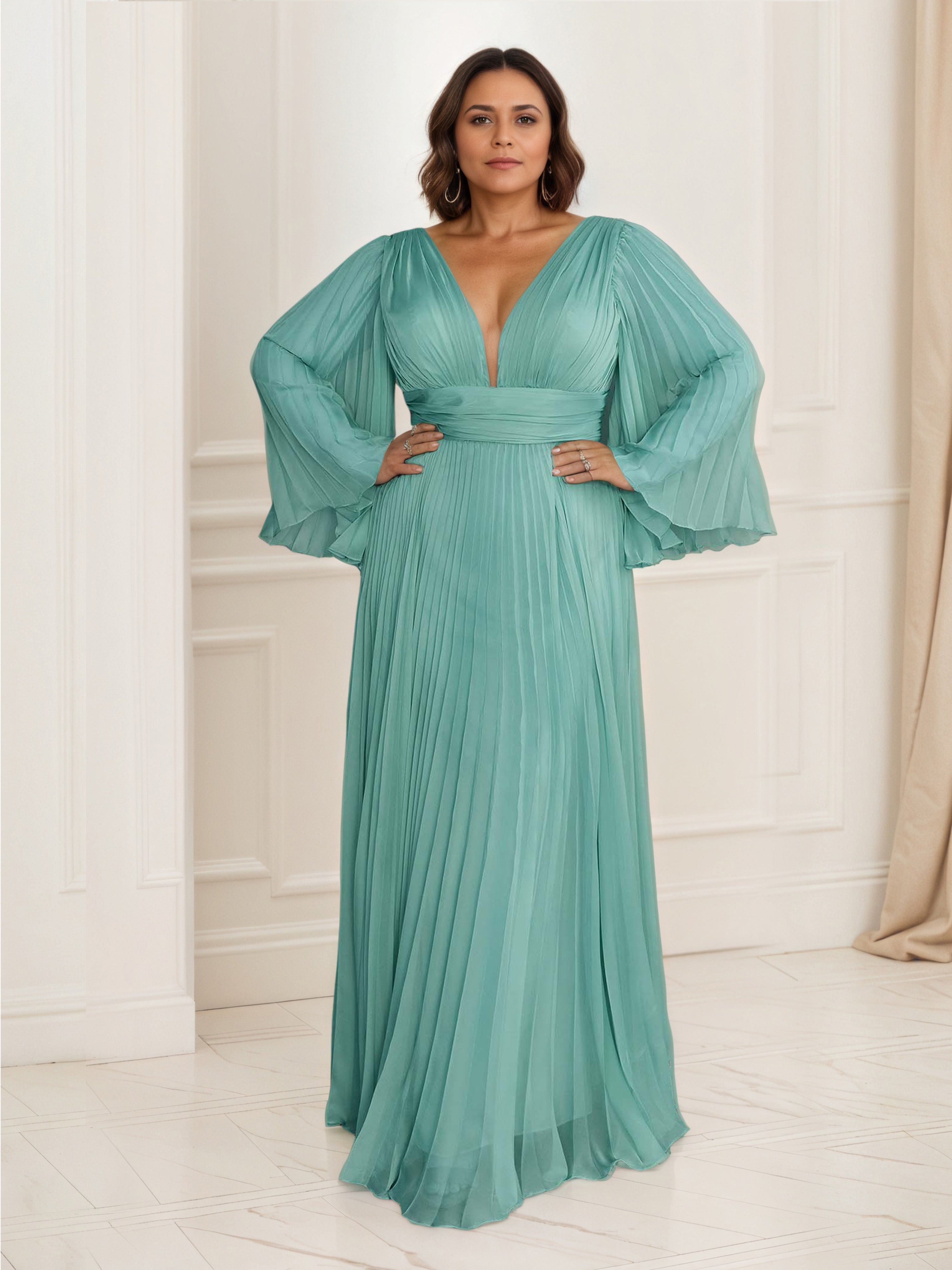 Robe de Soirée Longue Plissée JADE Col V Robe Mousseline Trapèze Manches Longue