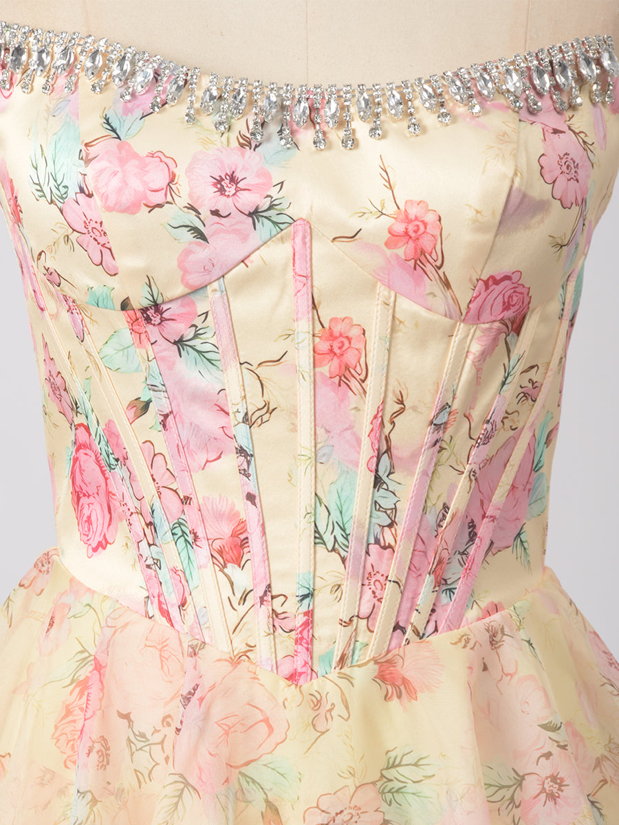 Cicinia Jaune Robe de Soirée Longue en Tissu Imprimé A-Line sans Manches Fente à Volants