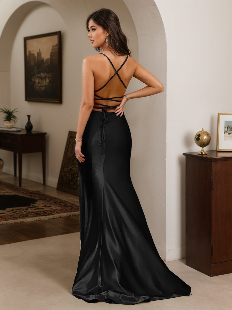Cicinia Robe de Soirée Noir Longue Fourreau à Bretelles Spaghetti Dos Nud Fente