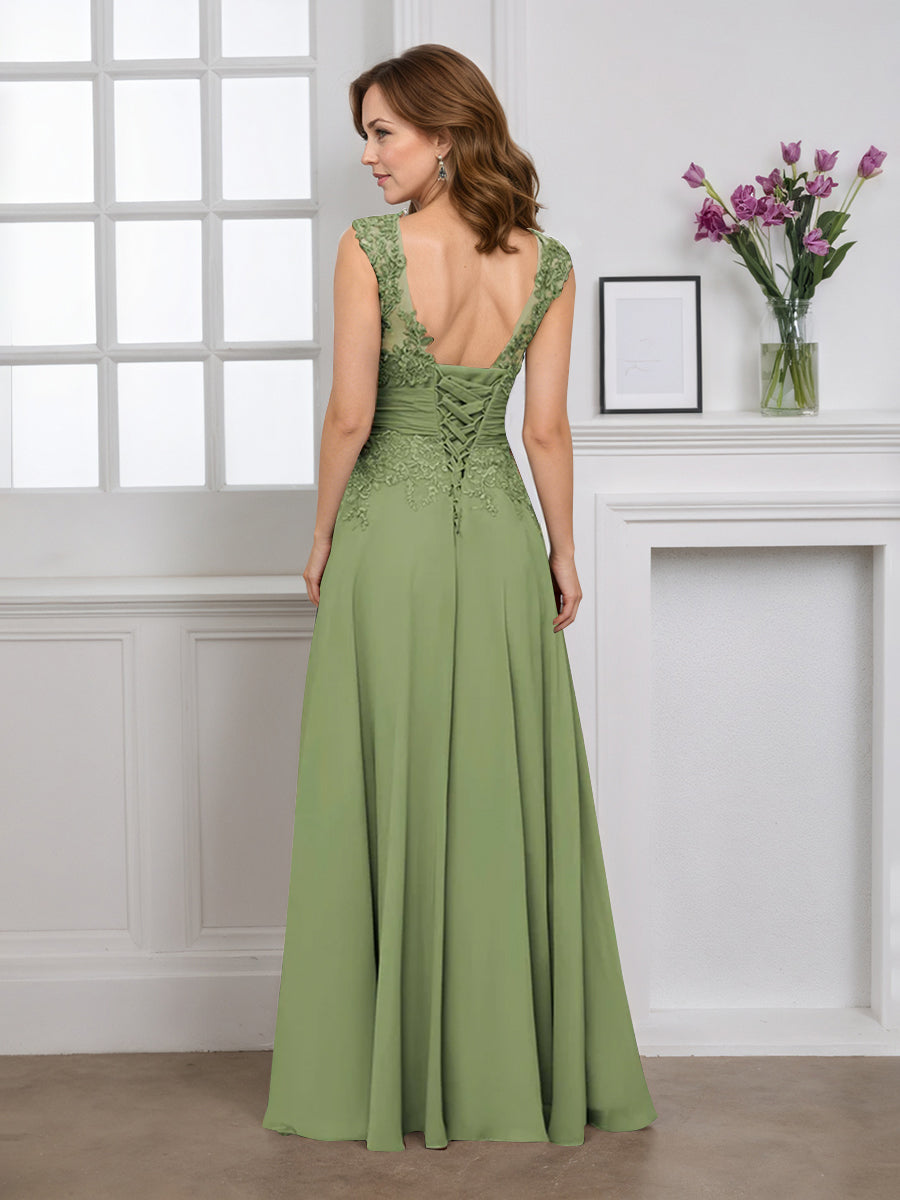 Cicinia Robe pour Mère de la Mariée SAUGE POUDREE Longue A-Line en Mousseline Appliqués Dentelle Décolleté en V Longueur Sol