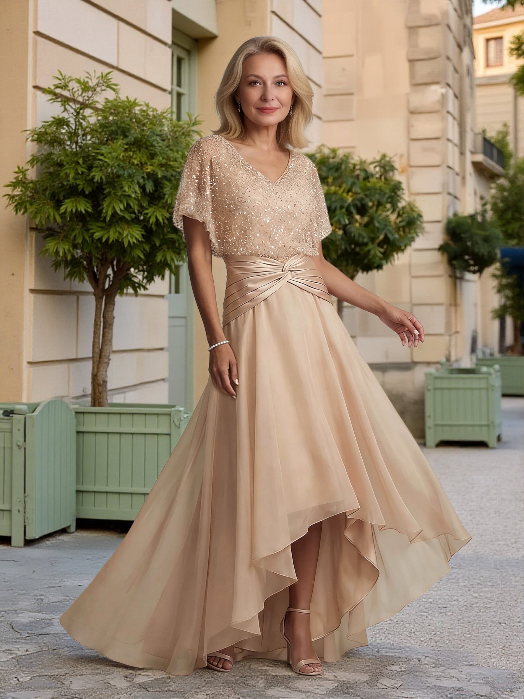 Cicinia Champagne Robe pour Mère de la Mariée Longue Trapèze en Mousseline à Paillettes Décolleté en V Manches Chauve-Souris
