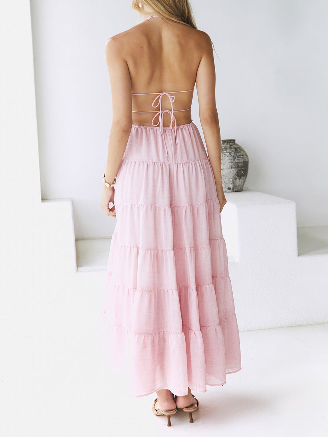 Robe Invitée Mariage ROSE_PALE Licou Dos Nud Coupe Cintrée Longueur Cheville