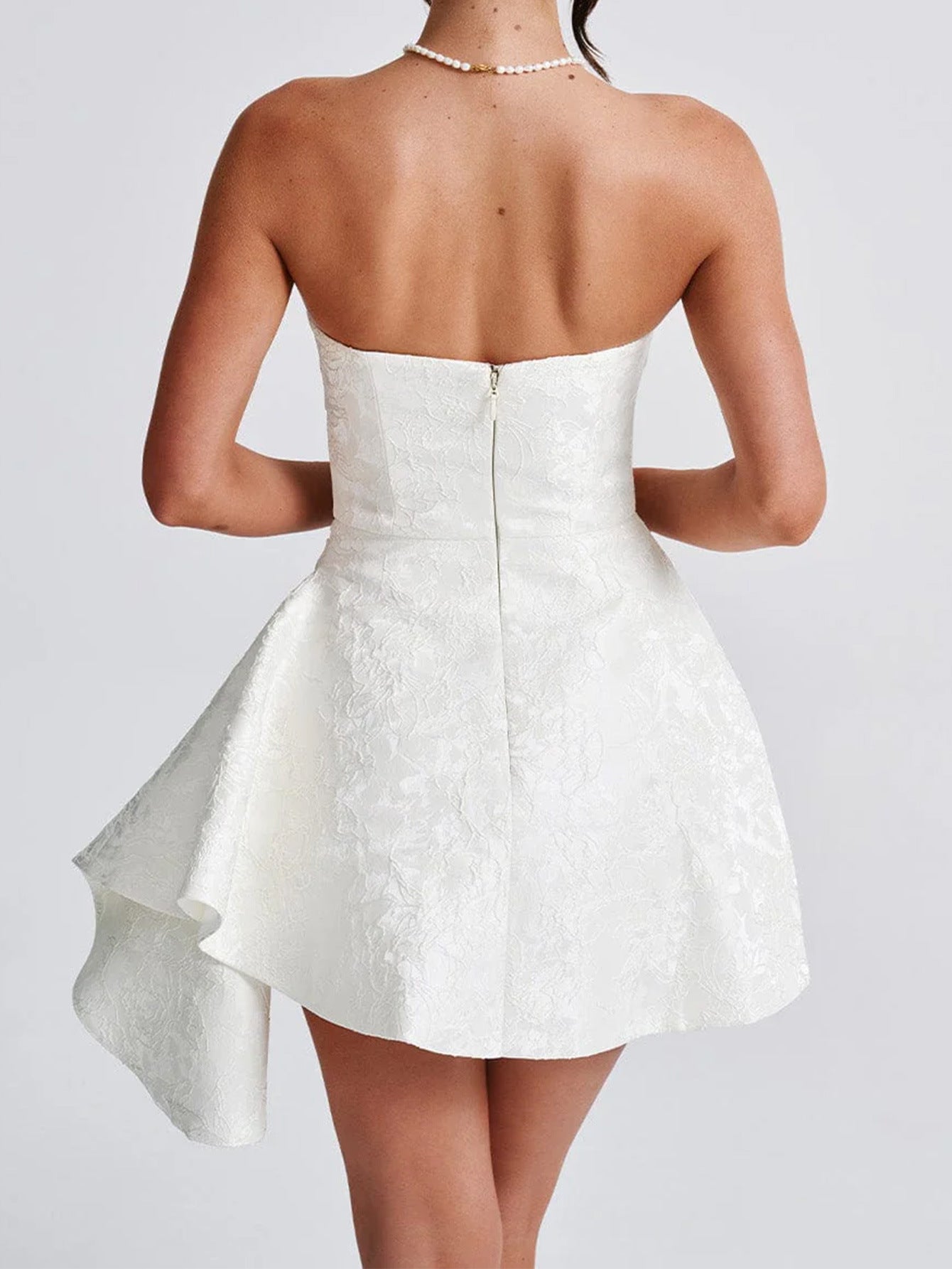 Robe Invitée Mariage Ivoire Mini Imprimé Volant Latéral Sans Bretelles
