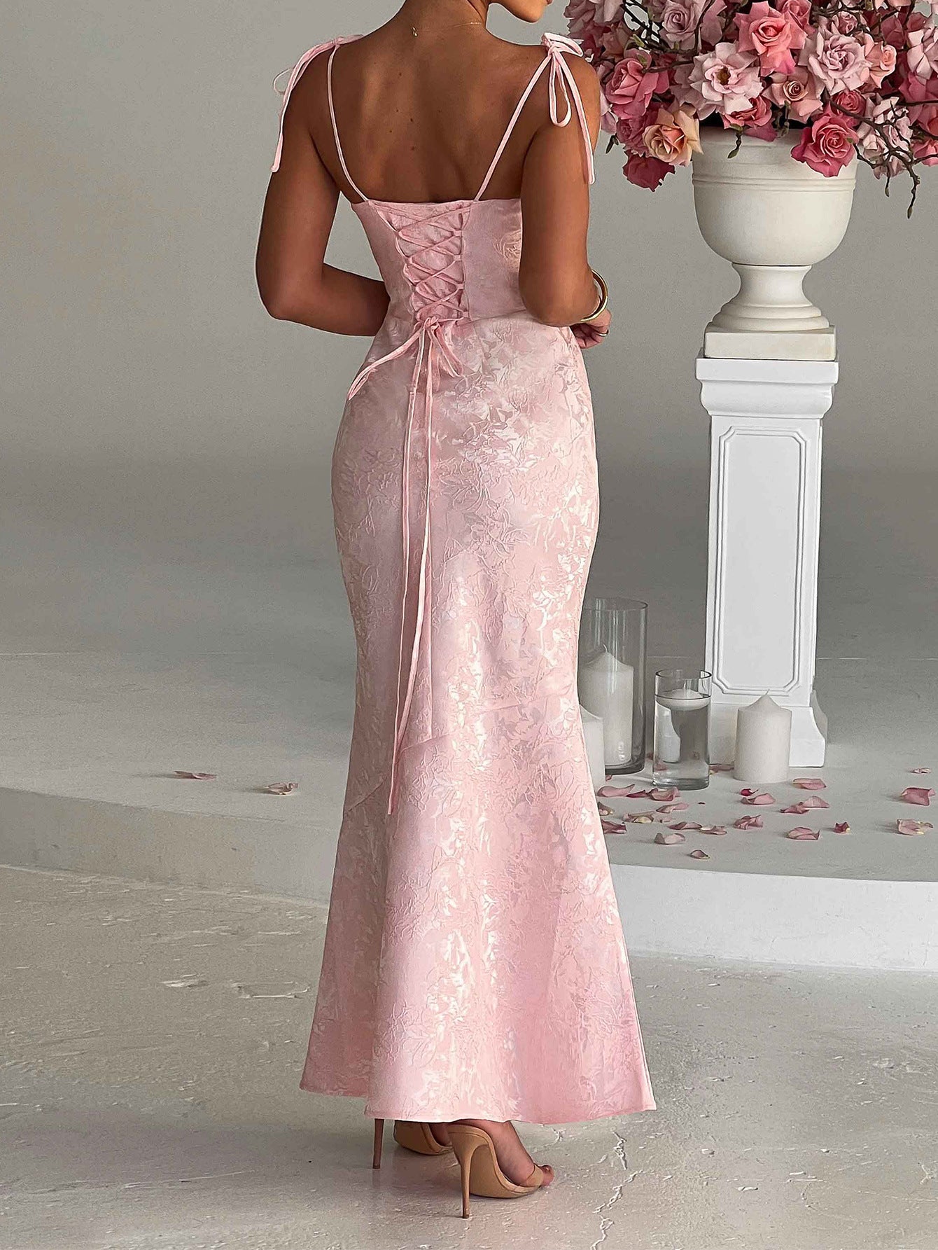 Robe Invitée Mariage ROSE_PALE Encolure Carrée Bretelles Fines Imprimée Coupe Fourreau