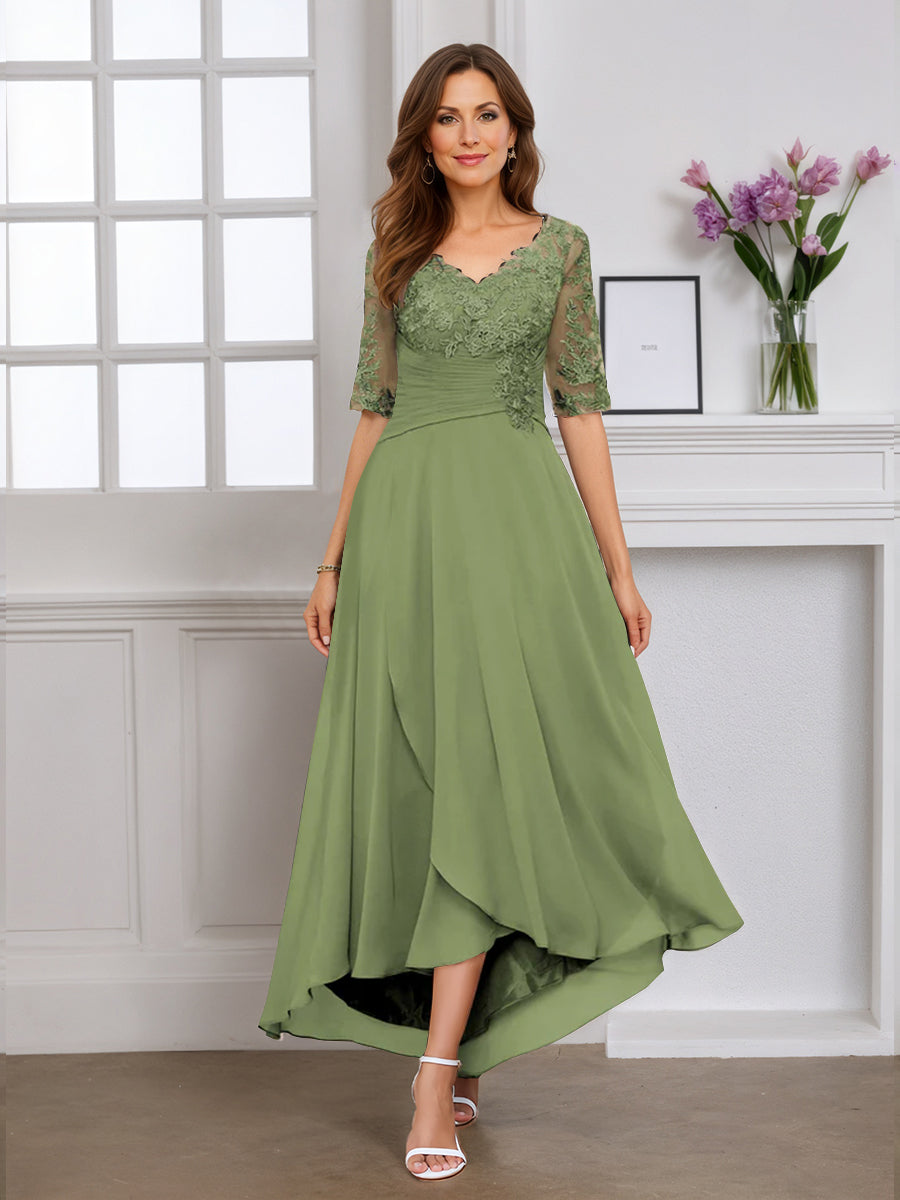 Cicinia Robe pour Mère de la Mariée SAUGE POUDREE Longue A-Line en Mousseline Dentelle Manches Demi-longues Décolleté en V Ourlet Asymétrique