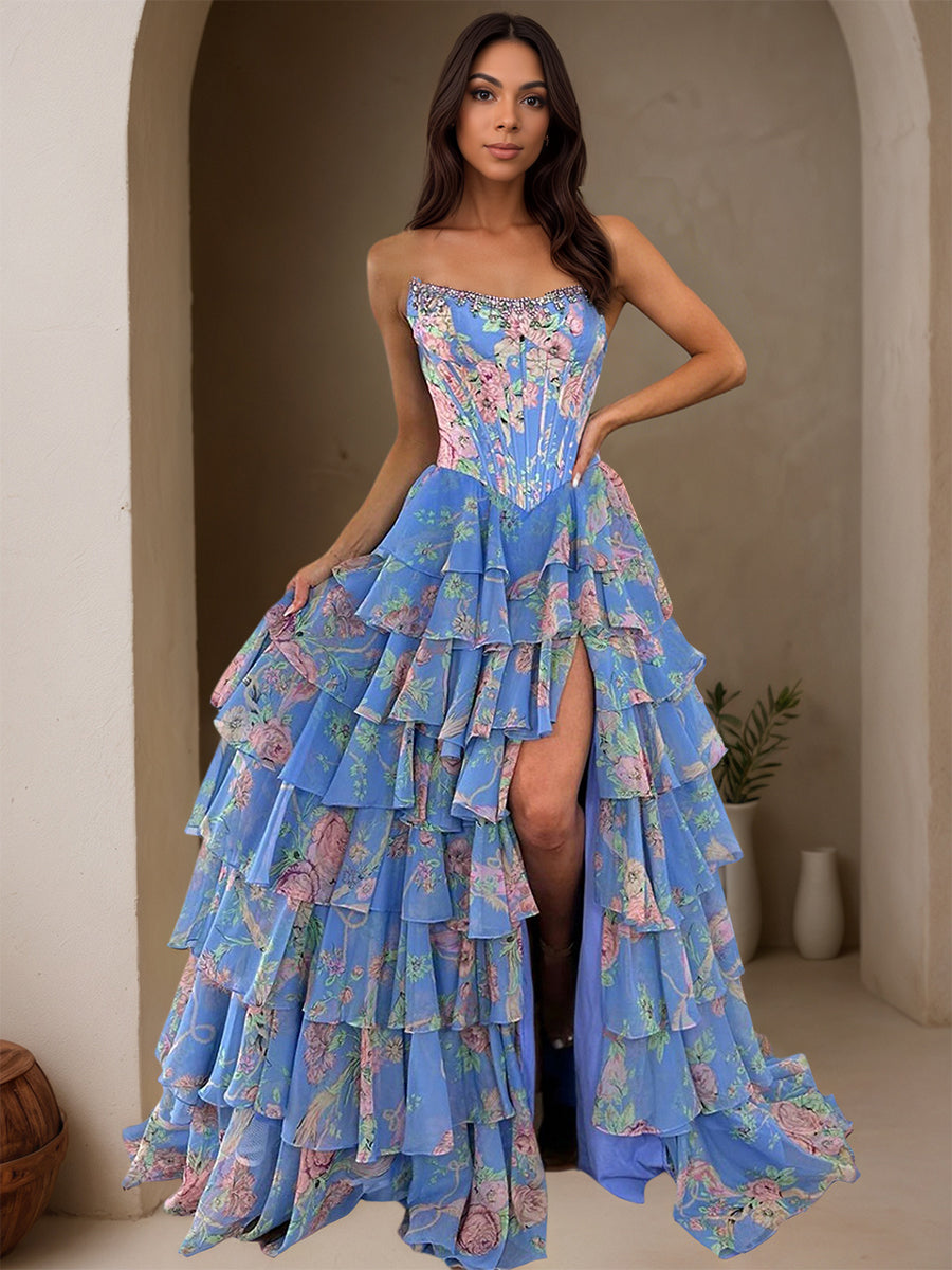 Cicinia Bleu Robe de Soirée Longue en Tissu Imprimé A-Line sans Manches Fente à Volants