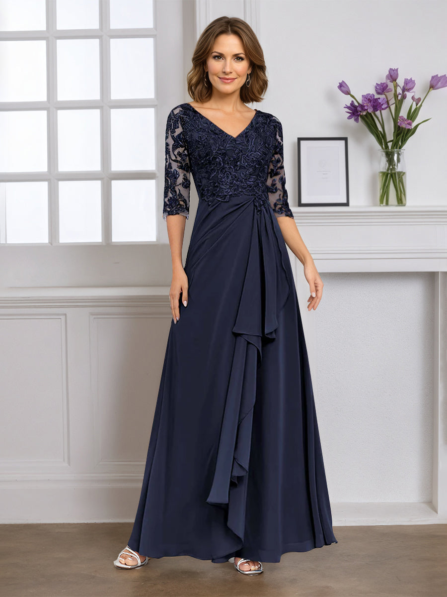 Cicinia Robe pour Mère de la Mariée BLEU MARINE Longue A-Line en Mousseline Dentelle Décolleté en V Longueur Sol