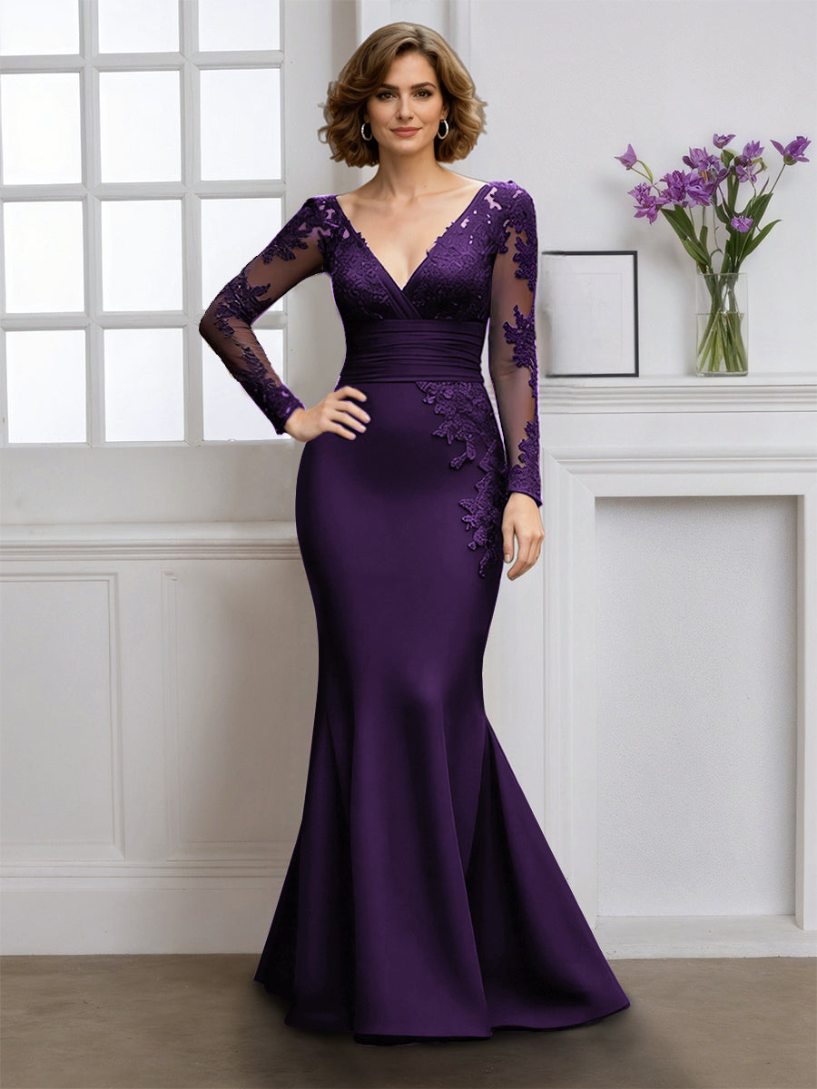 Cicinia Raisin Robe pour Mère de la Mariée Longue en Tissu Extensible Sirène Décolleté en V