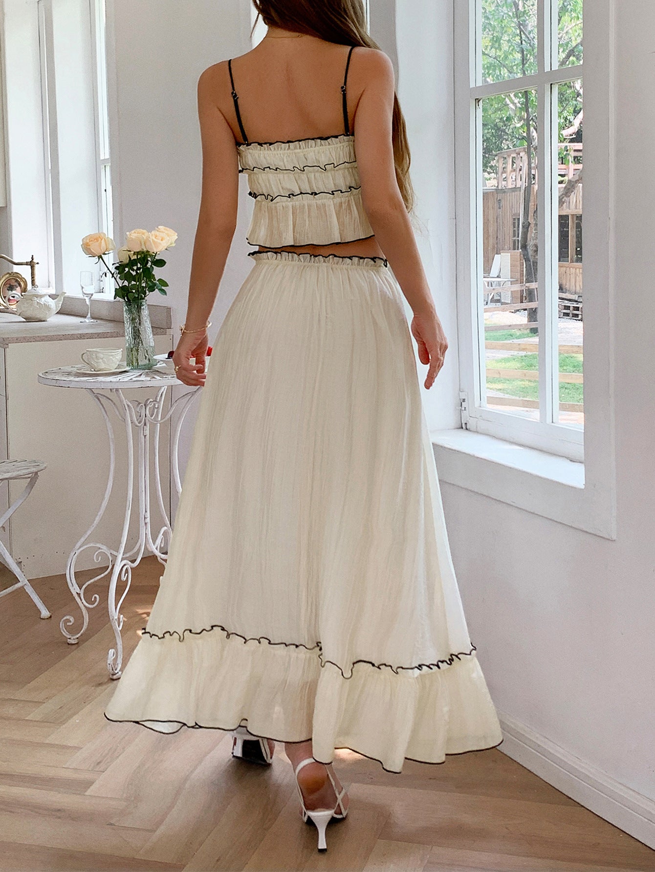 Ensemble 2 Pièces Mariage Apricot Bustier Volanté et Robe à Bretelles Fines