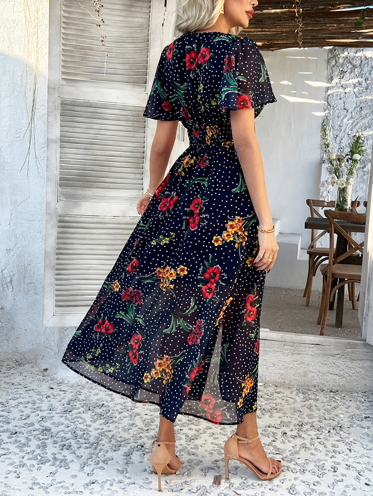 Robe de Mariée Invitée BLEU_MARINE Sexy en Mousseline Imprimé Florale à Manches Courtes