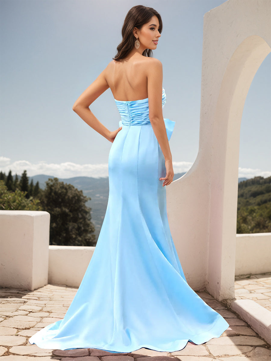 Cicinia Robe de Soirée Bleu Longue en Tissu Extensible Fourreau sans Bretelles Fente avec Grand Nœud Papillon