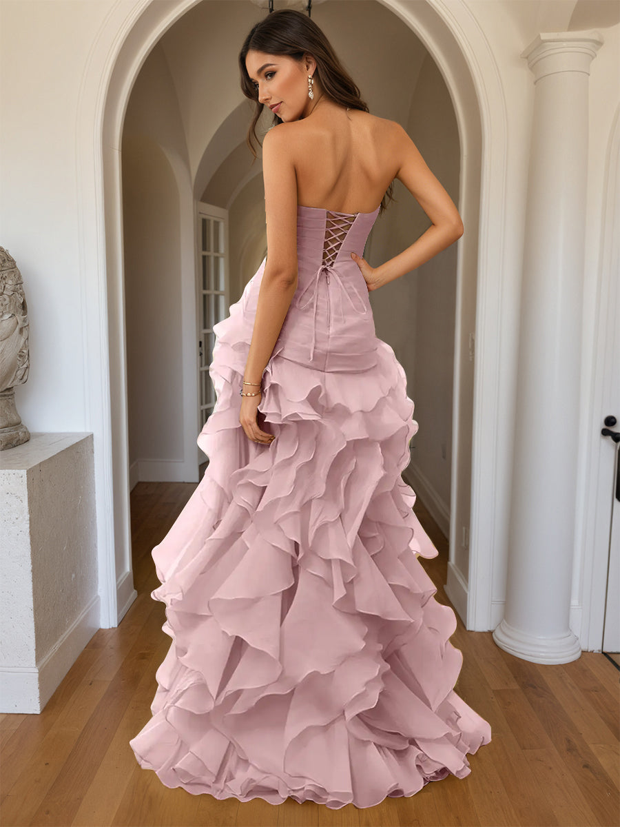 Cicinia Robe de Soirée VINTAGE_MAUVE Longue Fourreau sans Bretelles Fente Dos Nud à Volants