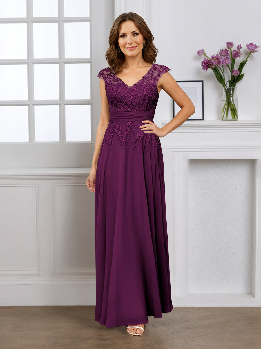 Cicinia Robe pour Mère de la Mariée Raisin Longue A-Line en Mousseline Appliqués Dentelle Décolleté en V Longueur Sol