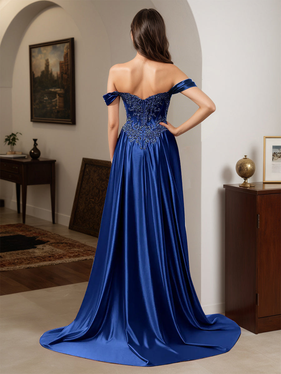 Cicinia Robe de Soirée BLEU ROYALE Longue Fourreau Appliqués Dentelle Épaules Dénudées