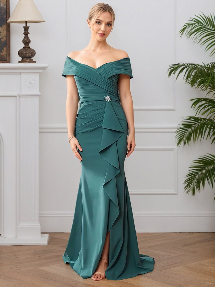 Cicinia Teal Robe pour Mère de la Mariée Longue en Tissu Extensible Fourreau Décolleté Une Épaule