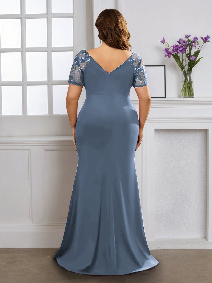 Cicinia Bleu Poussiéreux Robe pour Mère de la Mariée Longue en Tissu Extensible Fourreau Décolleté en V Fente Gande Taille