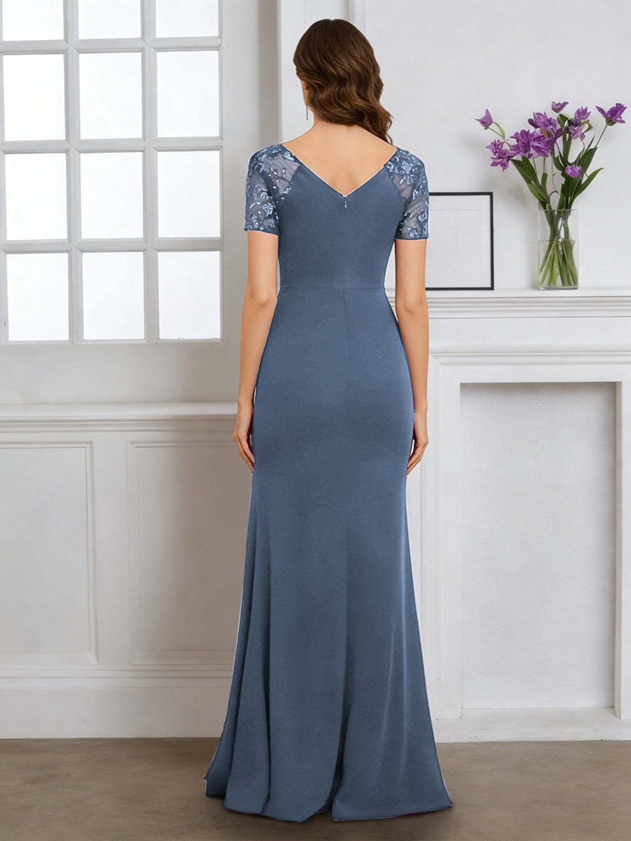 Cicinia Bleu Poussiéreux Robe pour Mère de la Mariée Longue en Tissu Extensible Fourreau Décolleté en V Fente
