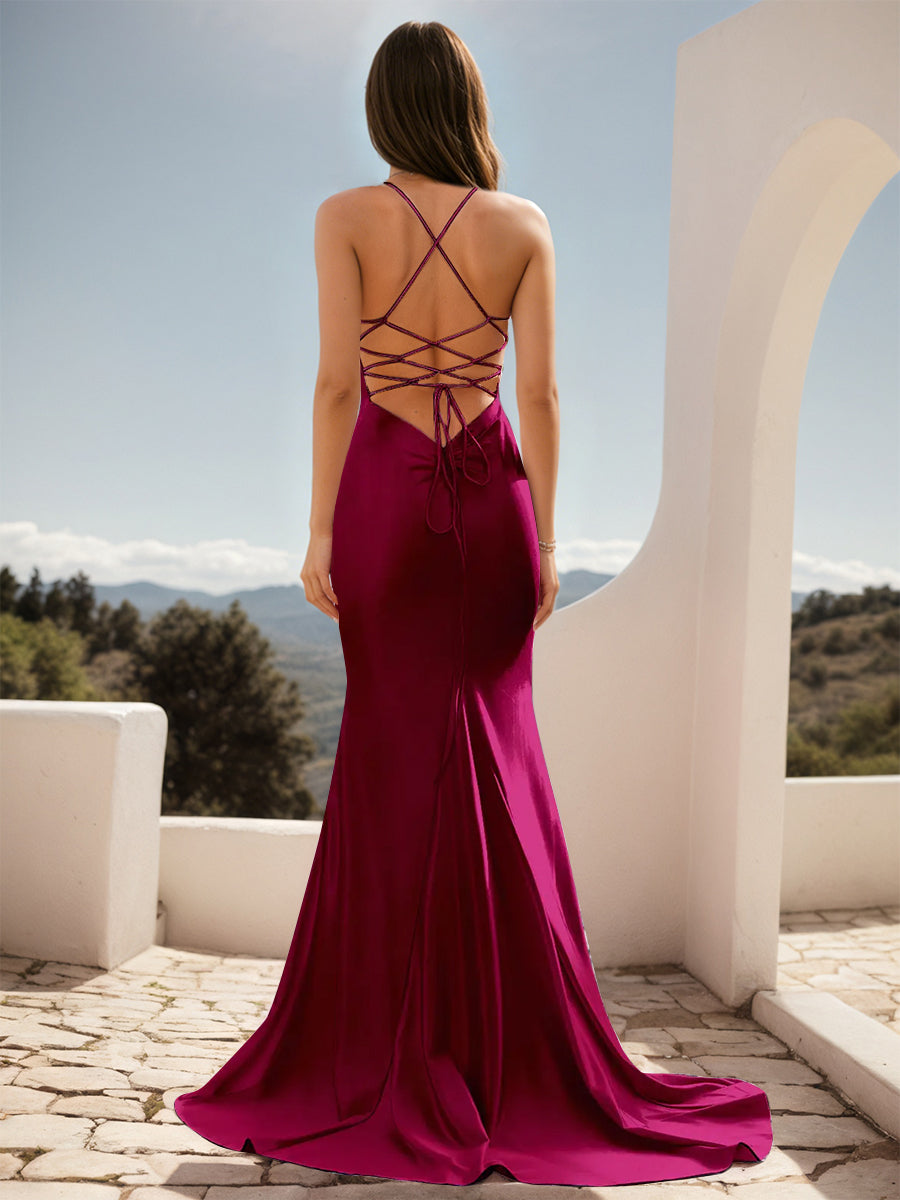 Cicinia Robe de Soirée FUCHSIA Longue en Tissu Extensible Fourreau à Bretelles Spaghetti Dos Nud