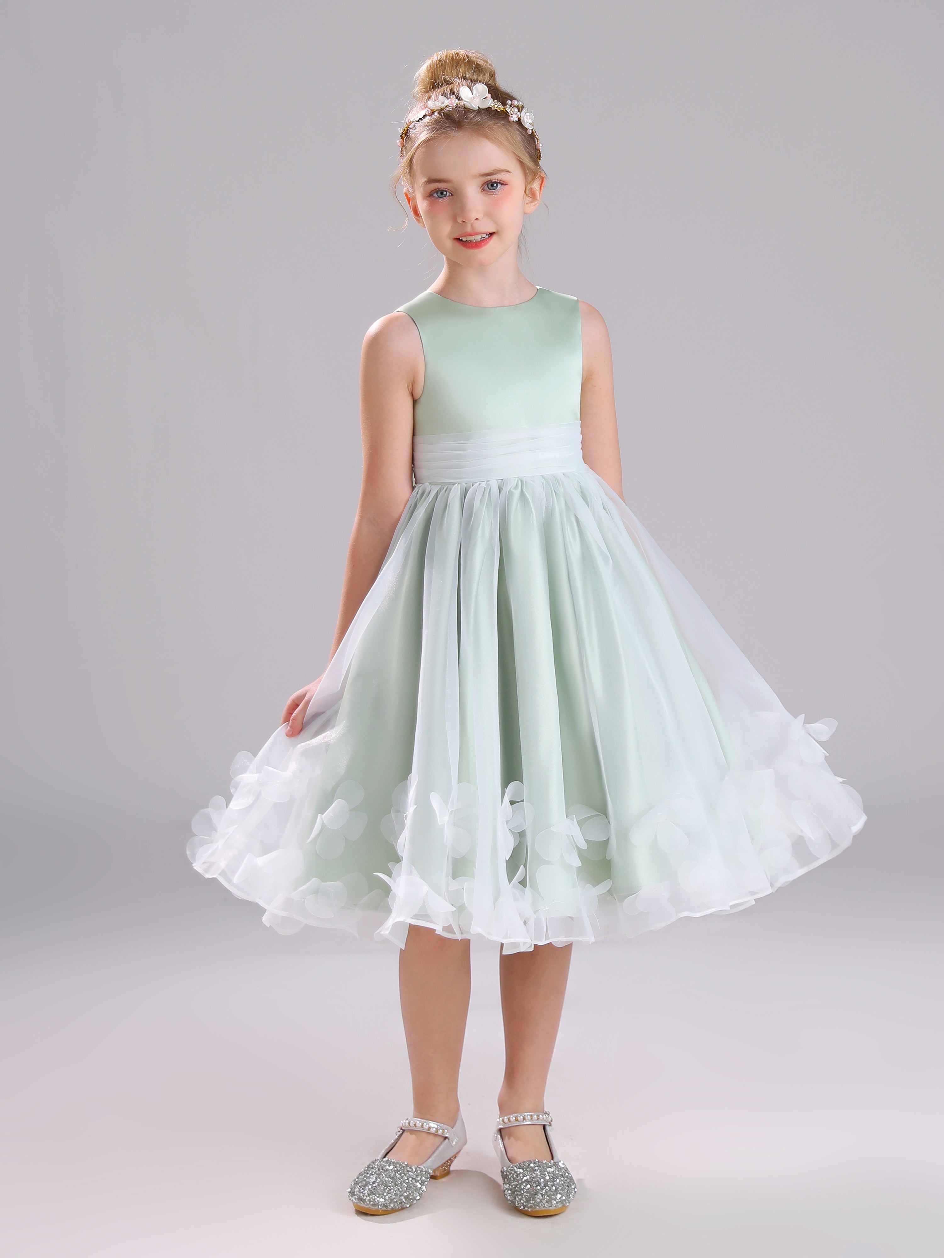 Col Rond Satin et Tulle Mi-longue Robe Fille Avec un Gros nœud et Appliques Florales