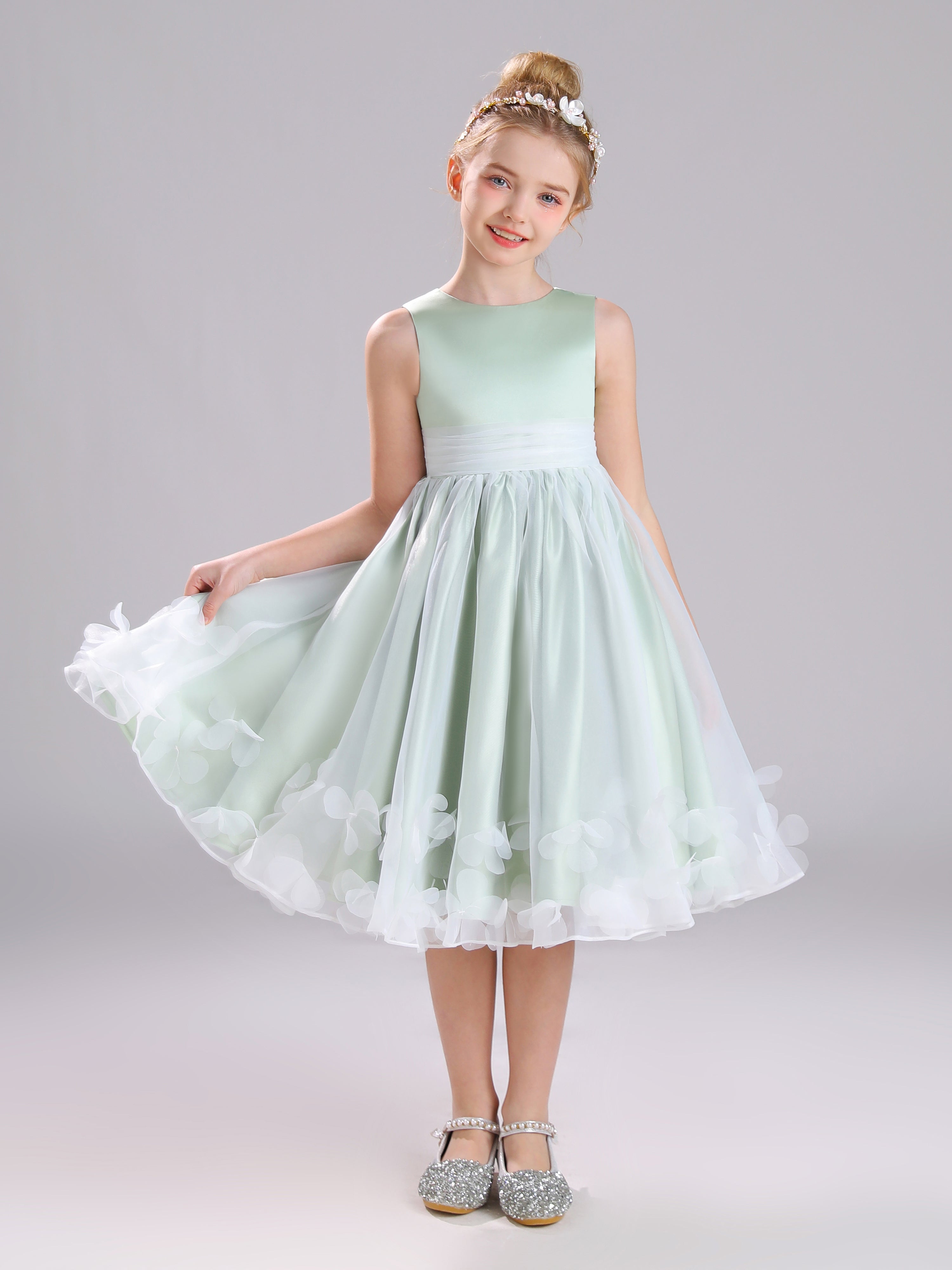 Col Rond Satin et Tulle Mi-longue Robe Fille Avec un Gros nœud et Appliques Florales