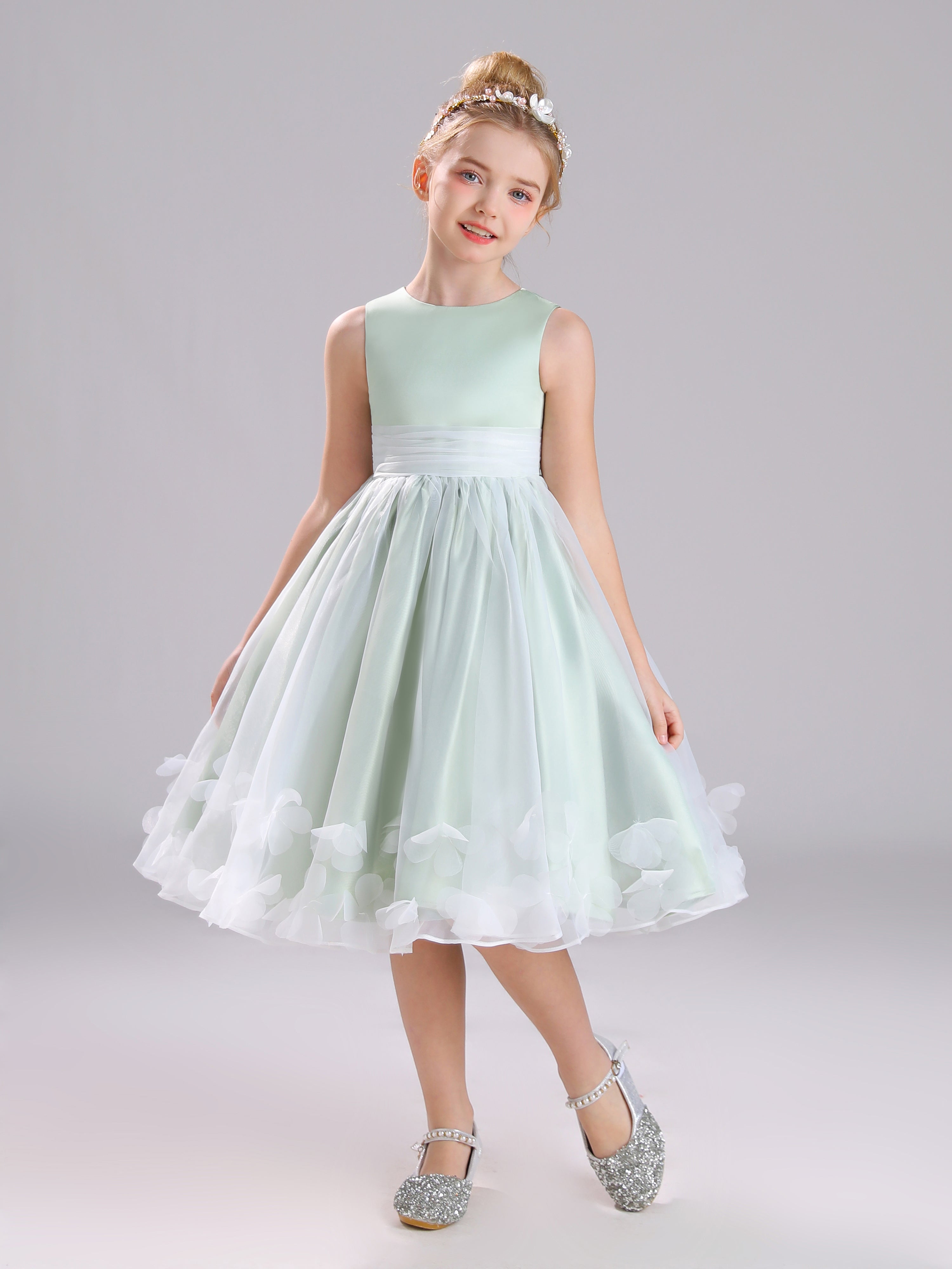 Col Rond Satin et Tulle Mi-longue Robe Fille Avec un Gros nœud et Appliques Florales