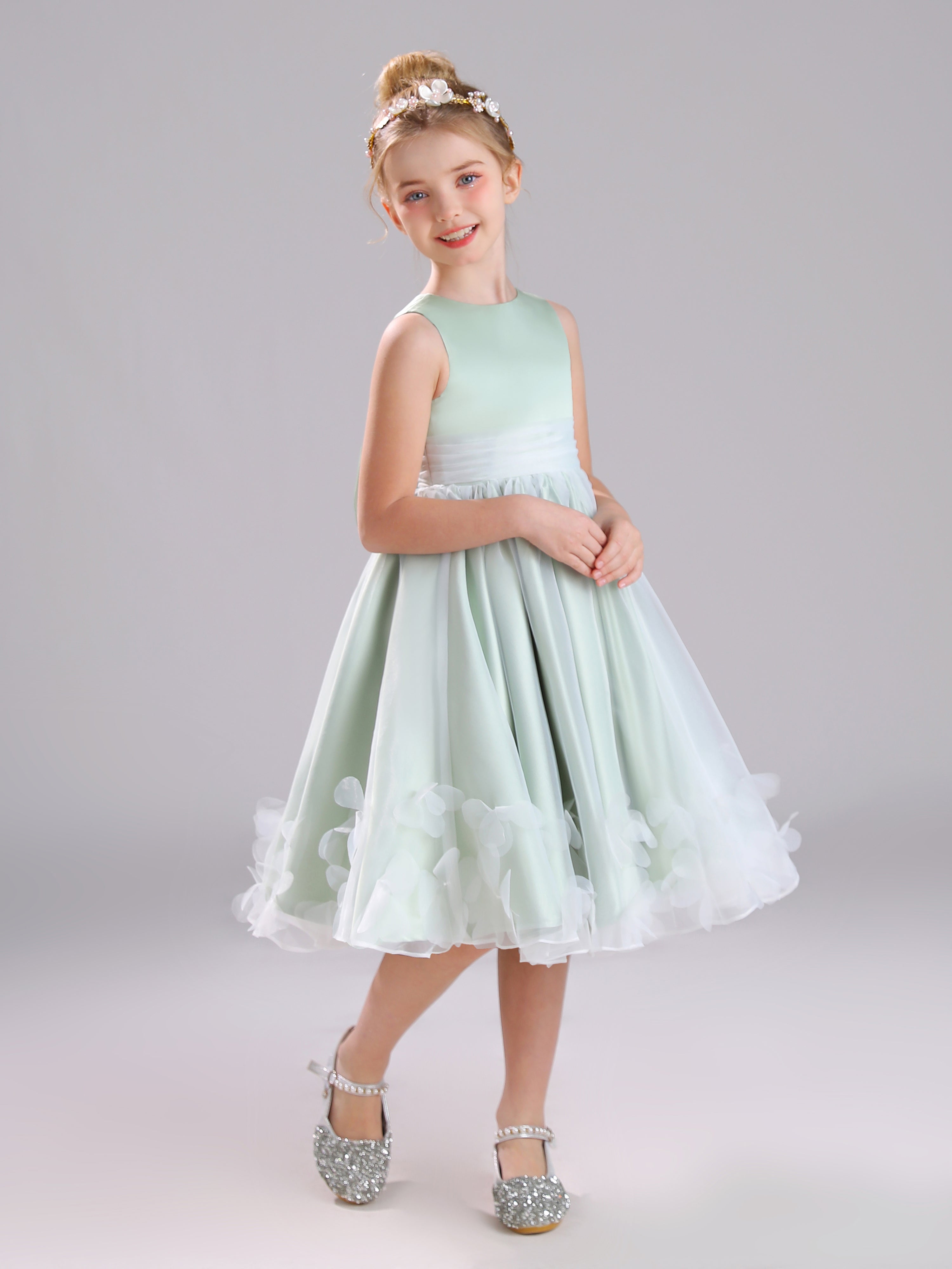 Col Rond Satin et Tulle Mi-longue Robe Fille Avec un Gros nœud et Appliques Florales