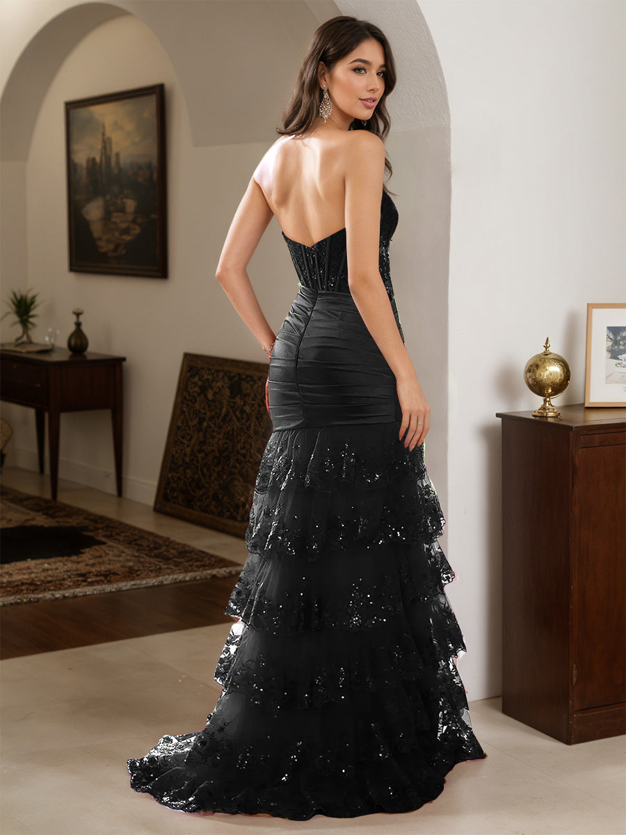 Cicinia Robe de Soirée Noir Longue Fourreau en Dentelle à Volants Fente Décolleté Cœur