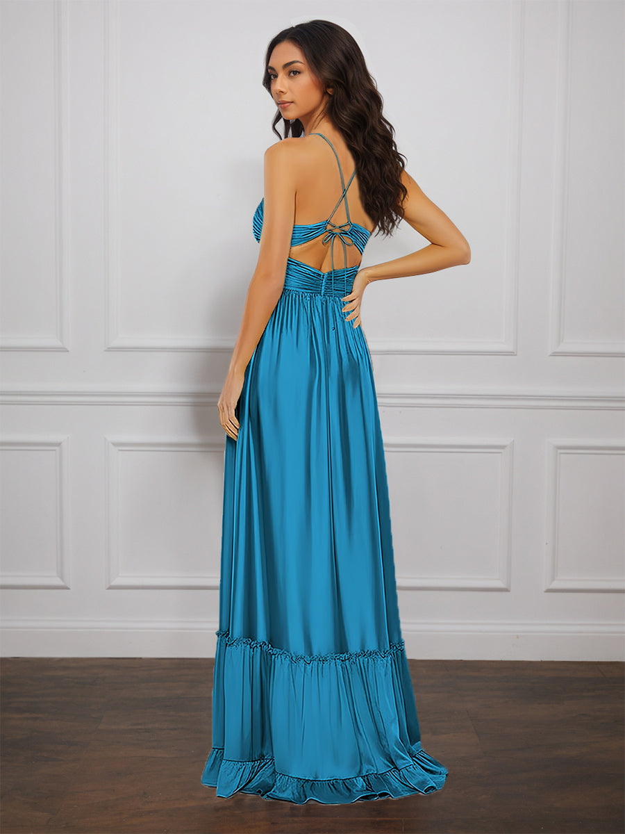 Cicinia Bleu Robe de Soirée Longue en Satin Doux A-Line Bretelles Spaghetti Traîne Balayée