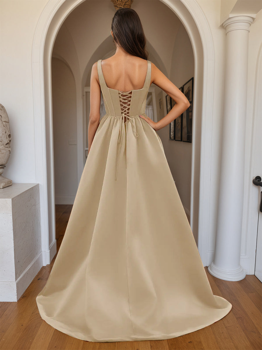 Cicinia Robe de Soirée Champagne Longue A-Line en Satin Décolleté Carré Ravissante