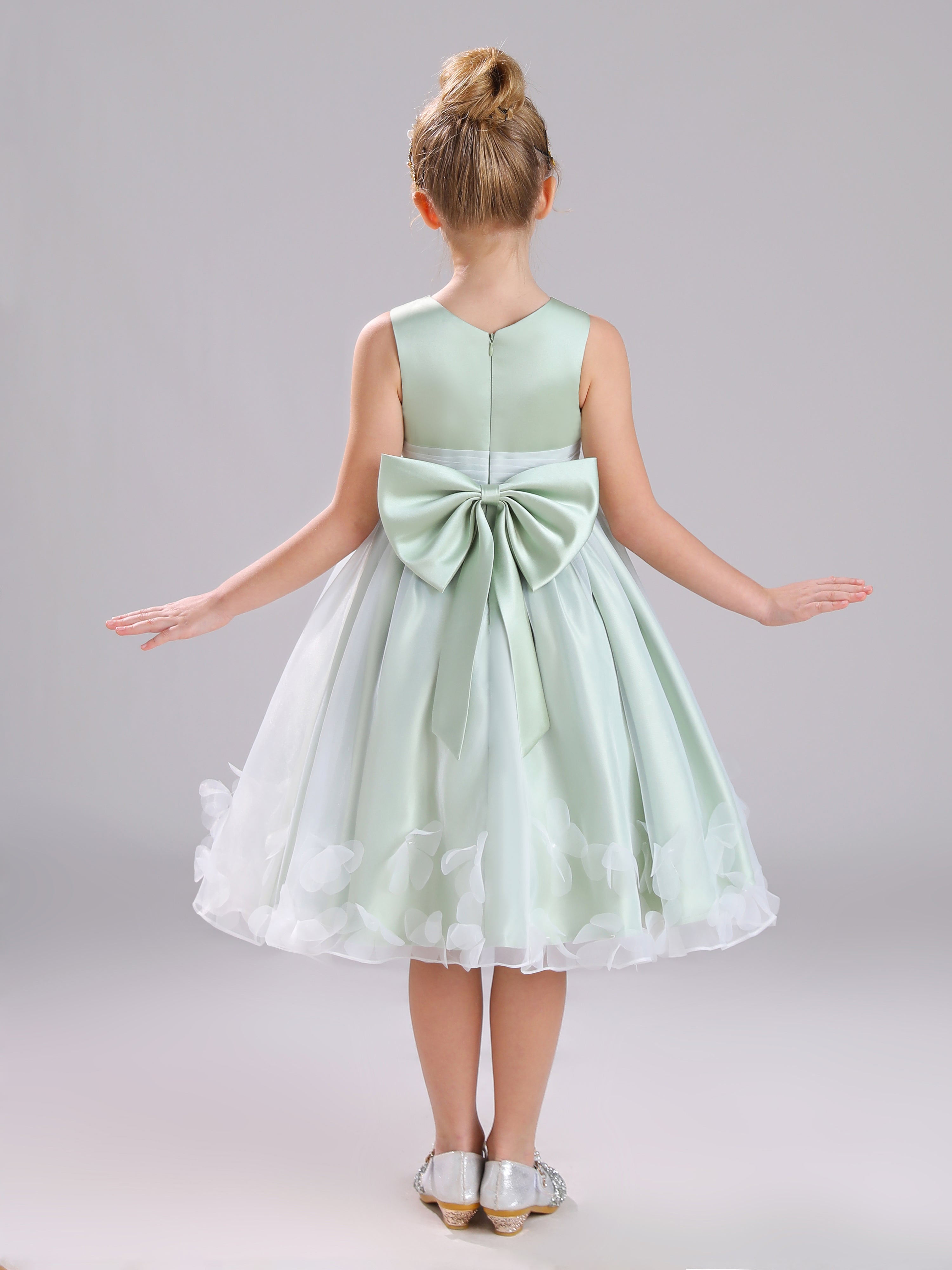 Col Rond Satin et Tulle Mi-longue Robe Fille Avec un Gros nœud et Appliques Florales