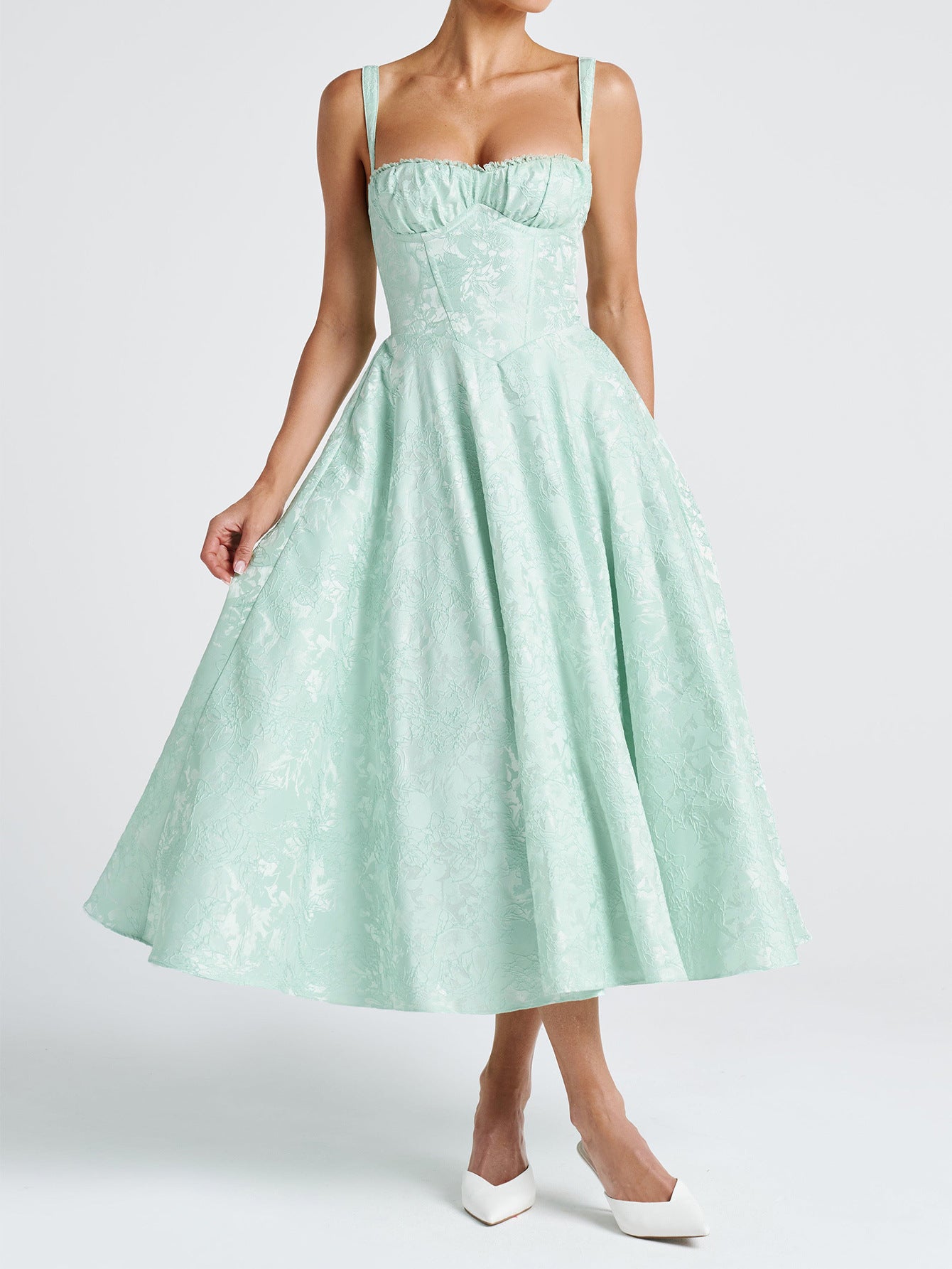 Robe Invitée Mariage VERT_MENTHE Florale Encolure Illusion Bretelles Élégantes