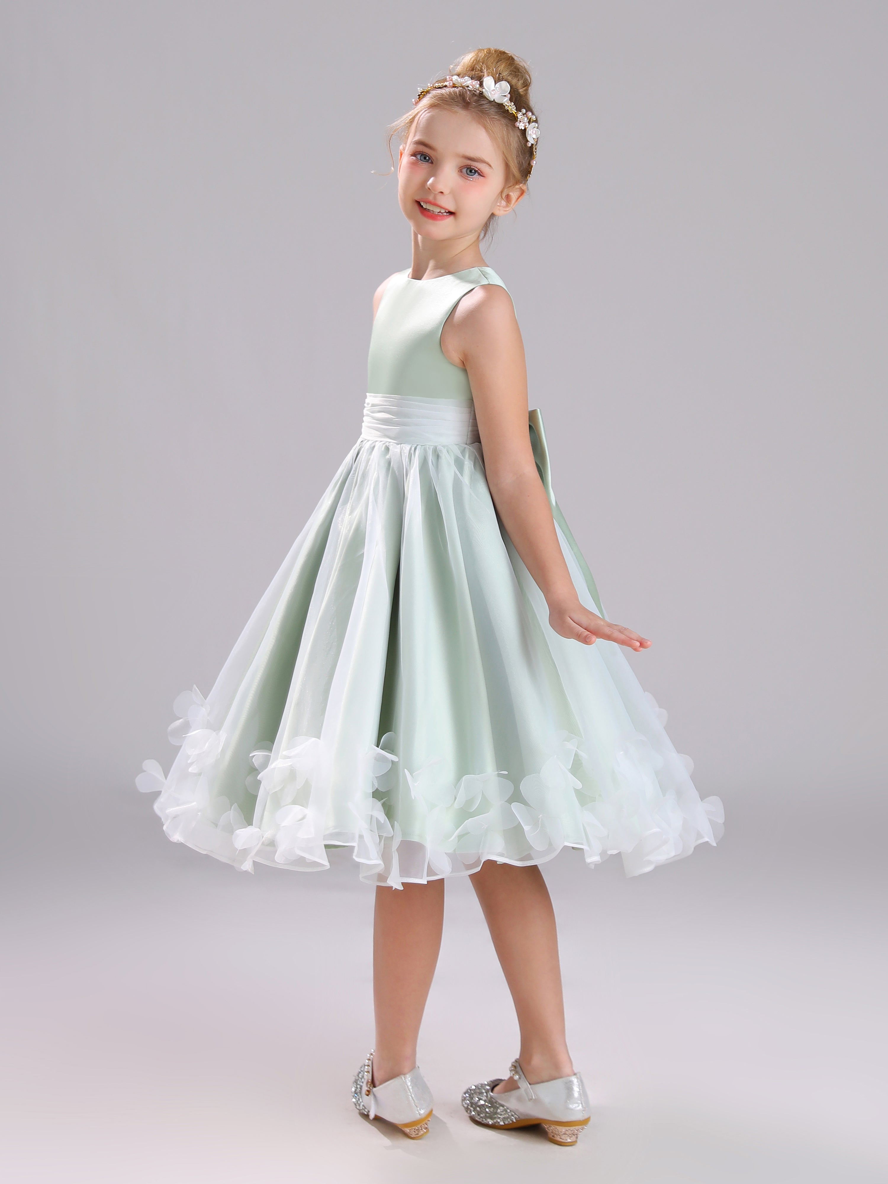 Col Rond Satin et Tulle Mi-longue Robe Fille Avec un Gros nœud et Appliques Florales