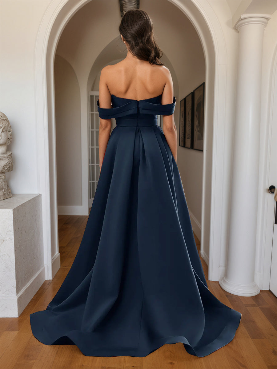 Cicinia BLEU MARINE Robe de Soirée Longue Fourreau en Satin Doux Fente Épaules Dénudées