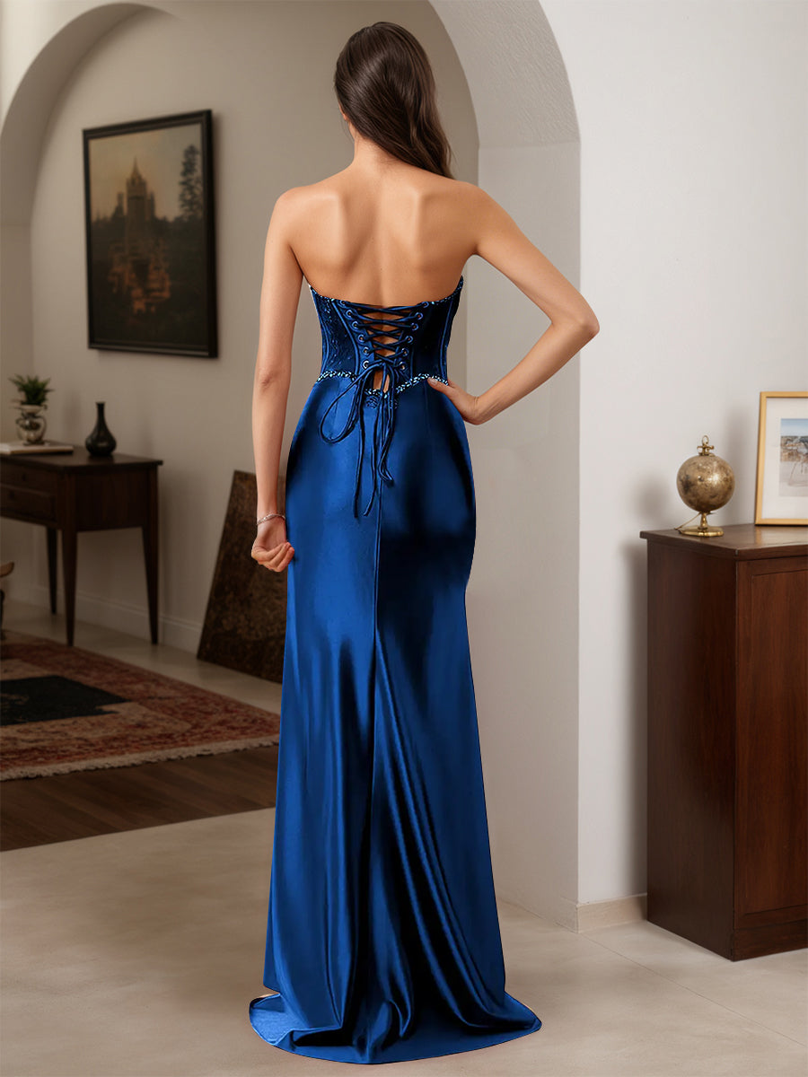 Cicinia Robe de Soirée BLEU MARINE Longue Fourreau Perlé Décolleté Cœur Fente