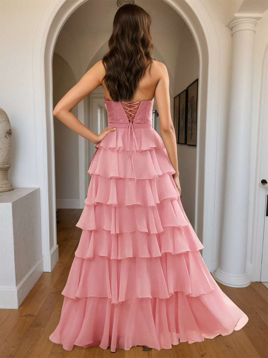 Cicinia Rose Robe de Soirée Longue A-Line en Mousseline Halter Dos Nud à Volants