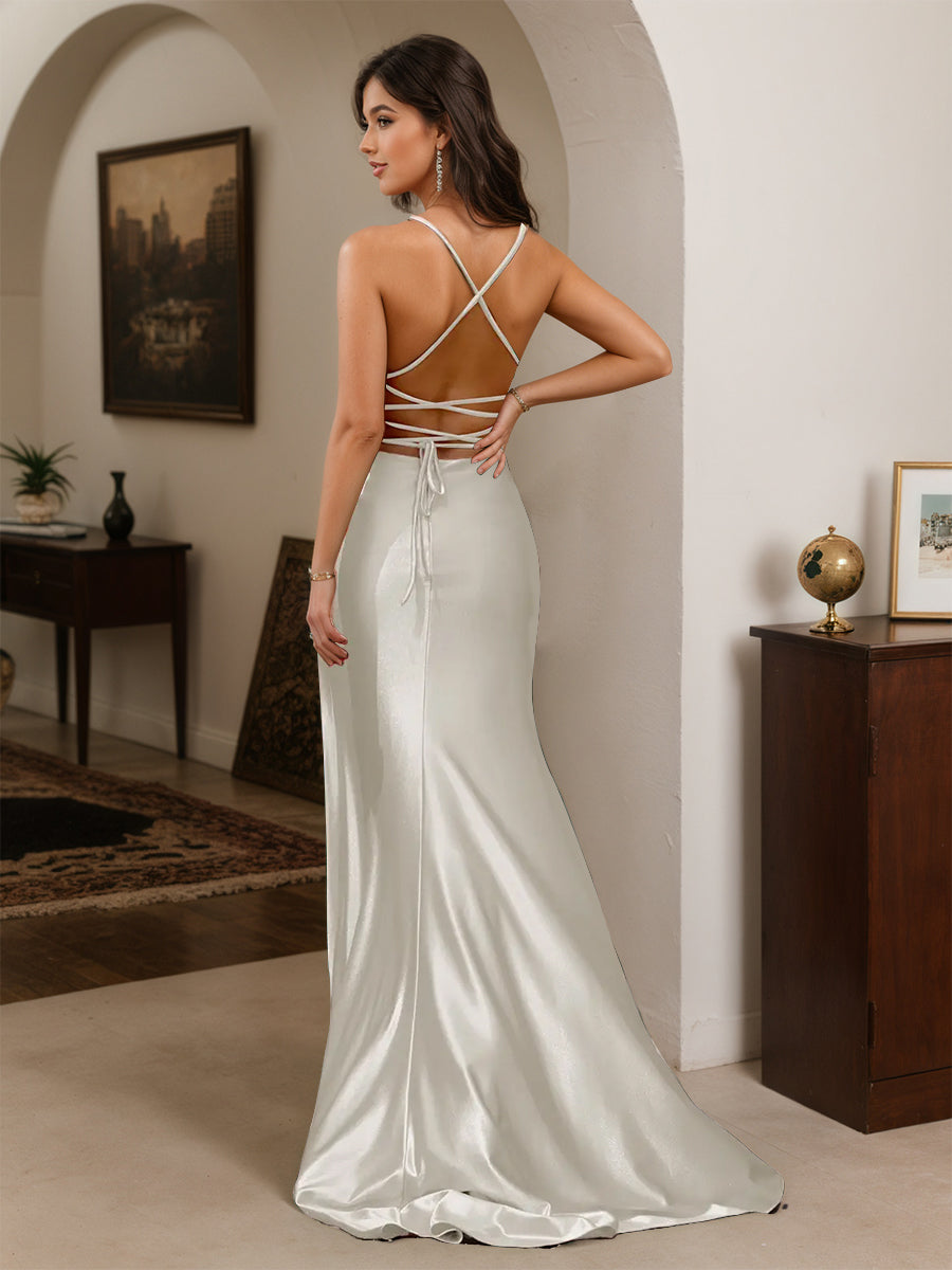 Cicinia Robe de Soirée IVOIRE Longue Fourreau à Bretelles Spaghetti Dos Nud Fente