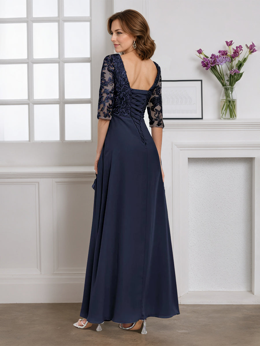 Cicinia Robe pour Mère de la Mariée BLEU MARINE Longue A-Line en Mousseline Dentelle Décolleté en V Longueur Sol