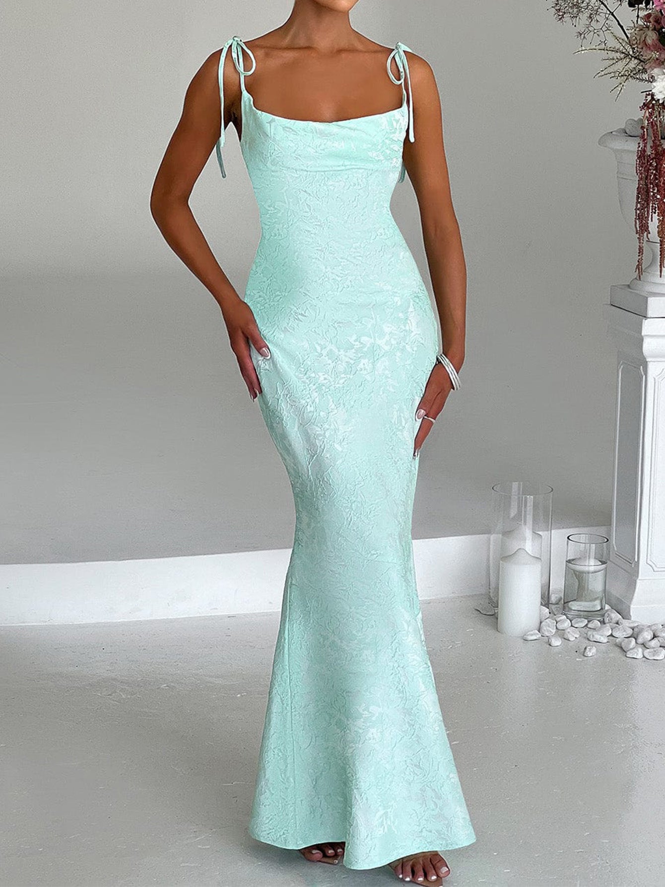 Robe Invitée Mariage VERT_MENTHE Encolure Carrée Bretelles Fines Imprimée Coupe Fourreau