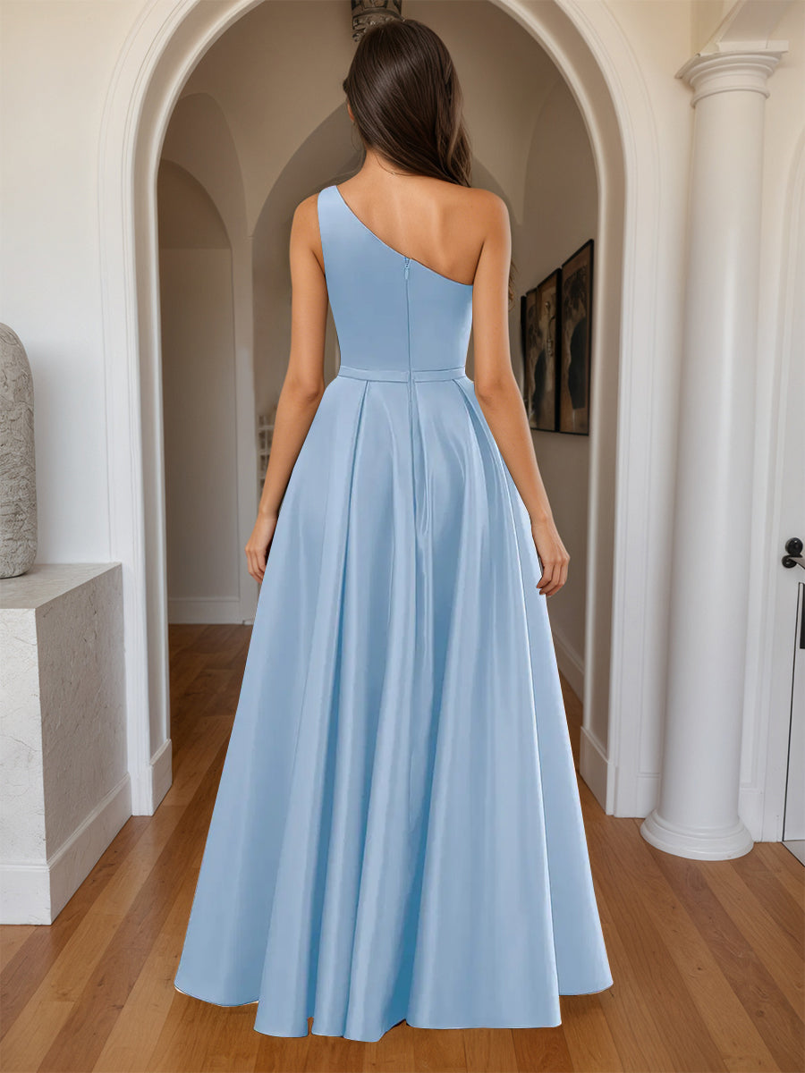 Cicinia Robe de Soirée BLEU CIEL Longue A-Line en Satin Une Épaule Fente Longueur Sol