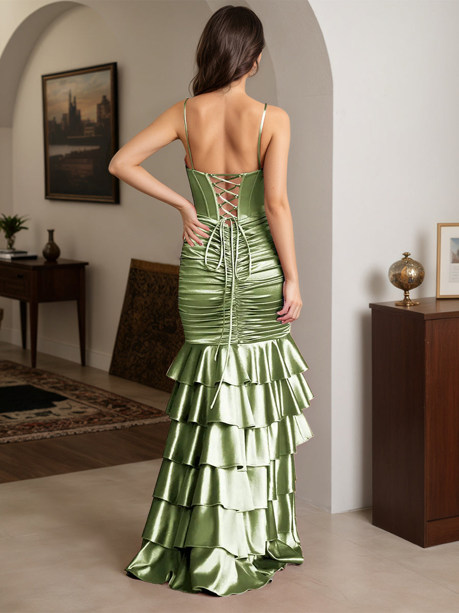 Cicinia SAUGE POUDREE Robe de Soirée Longue en Satin Extensible Fourreau à Bretelles Spaghetti à Volants Fente